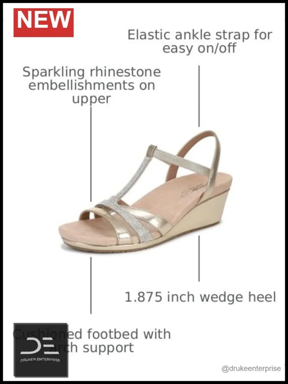Wedge Sandals for Women Rhinestone Strappy Open Toe Comfortable Slip On